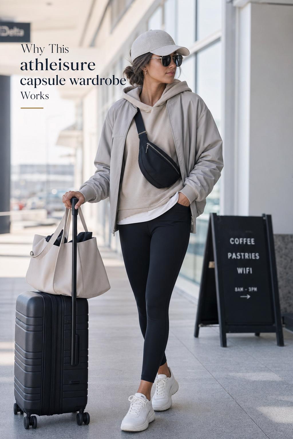 Modern woman in neutral travel outfit showcasing an athleisure capsule wardrobe with leggings, bomber jacket and white sneakers