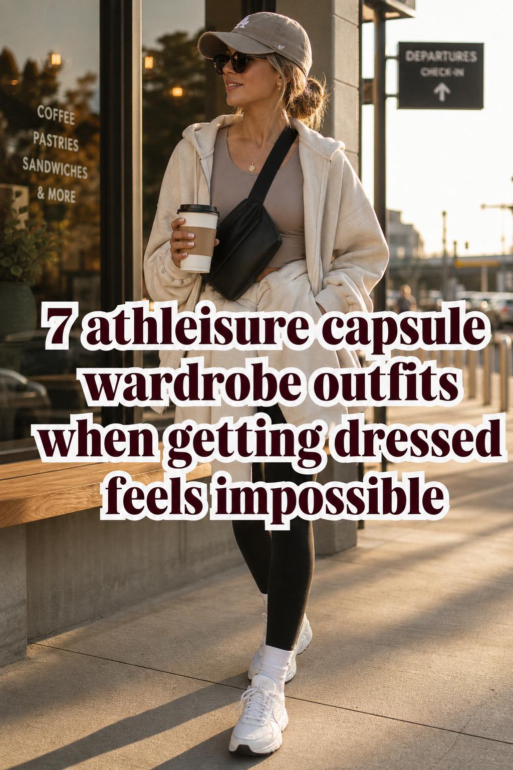 Athleisure capsule wardrobe outfits in neutral tones, woman in leggings and hoodie by a city coffee shop in golden-hour light