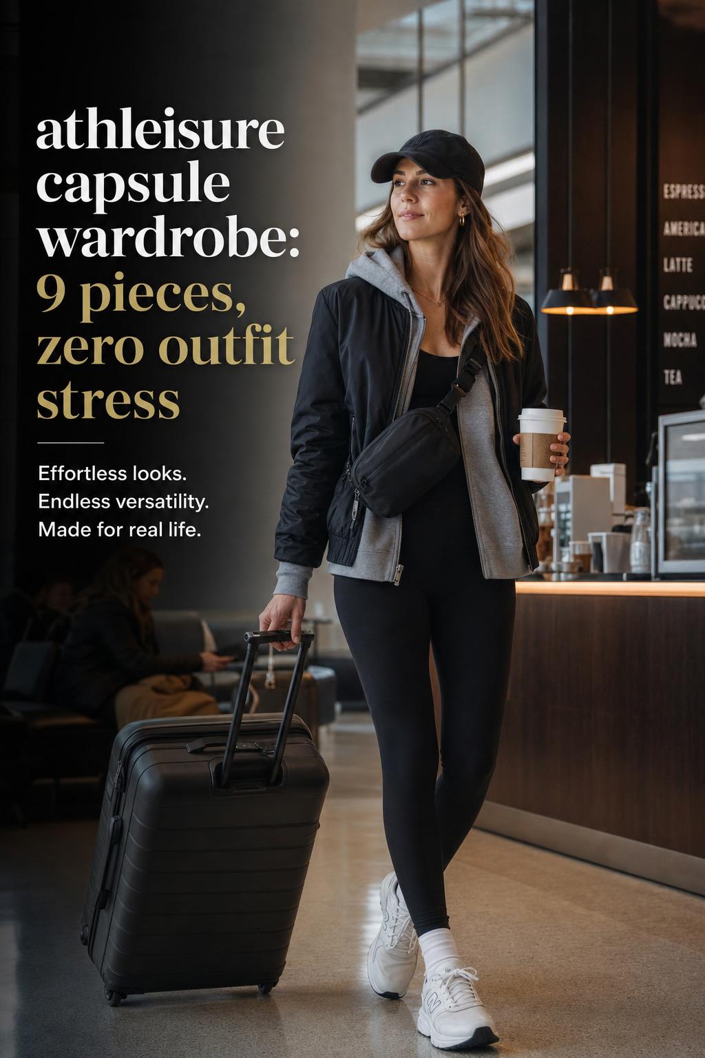 Athleisure capsule wardrobe travel look with black leggings, oversized hoodie, bomber jacket, white sneakers, belt bag at transit