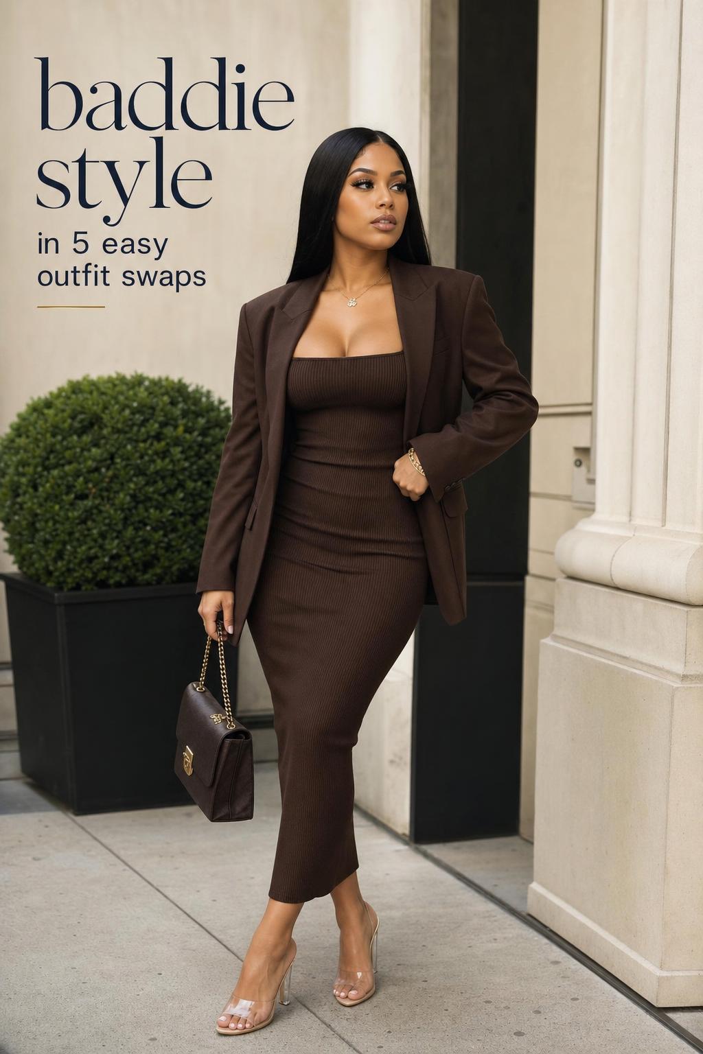 Baddie style editorial photo of a confident woman in a blazer and bodycon dress at a luxury city entrance