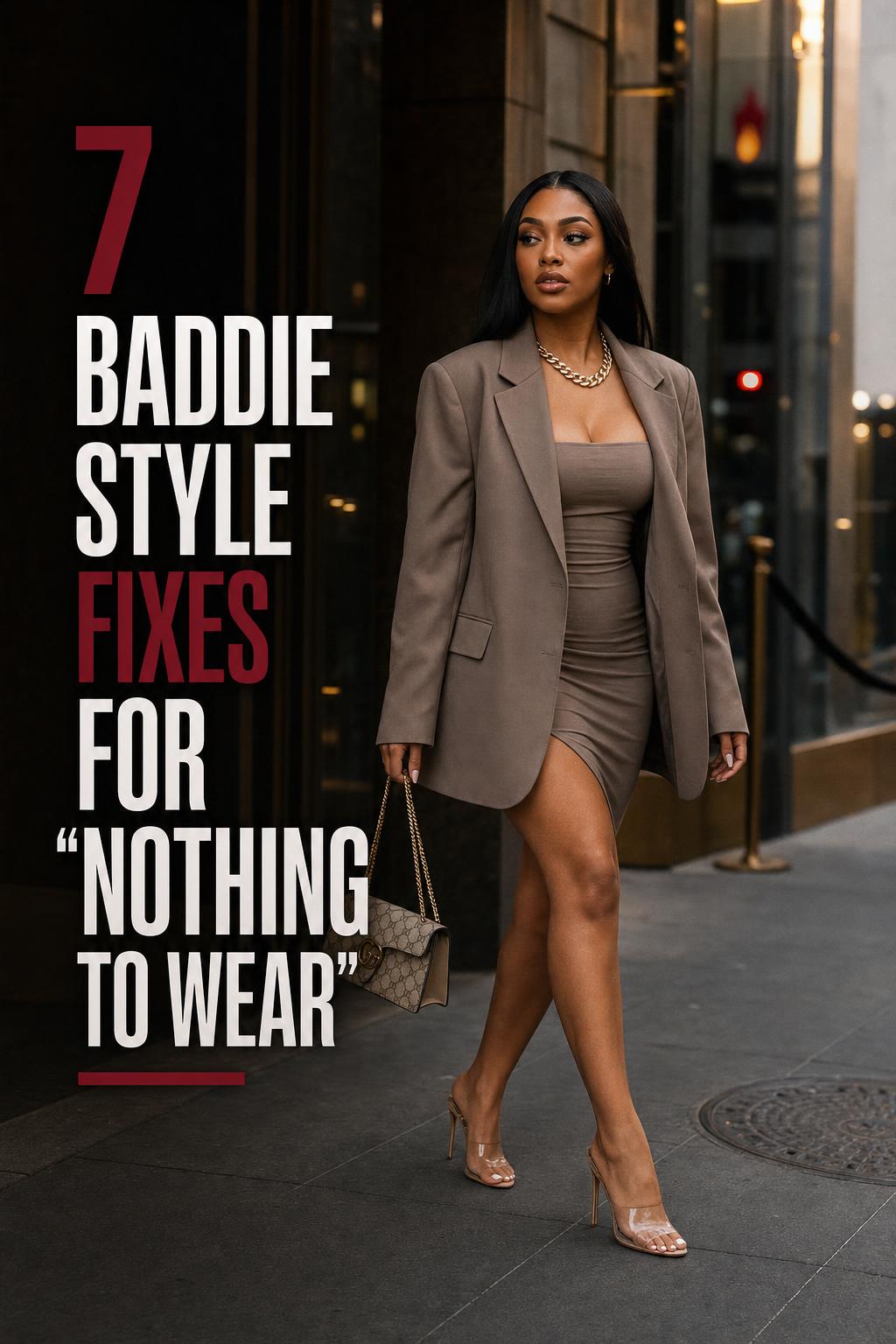 Baddie style look: woman in bodycon dress and oversized blazer walking outside a downtown hotel at golden hour