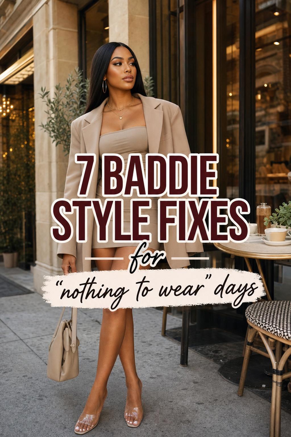 Baddie style golden hour street photo of woman in neutral bodycon dress and oversized blazer with city café backdrop