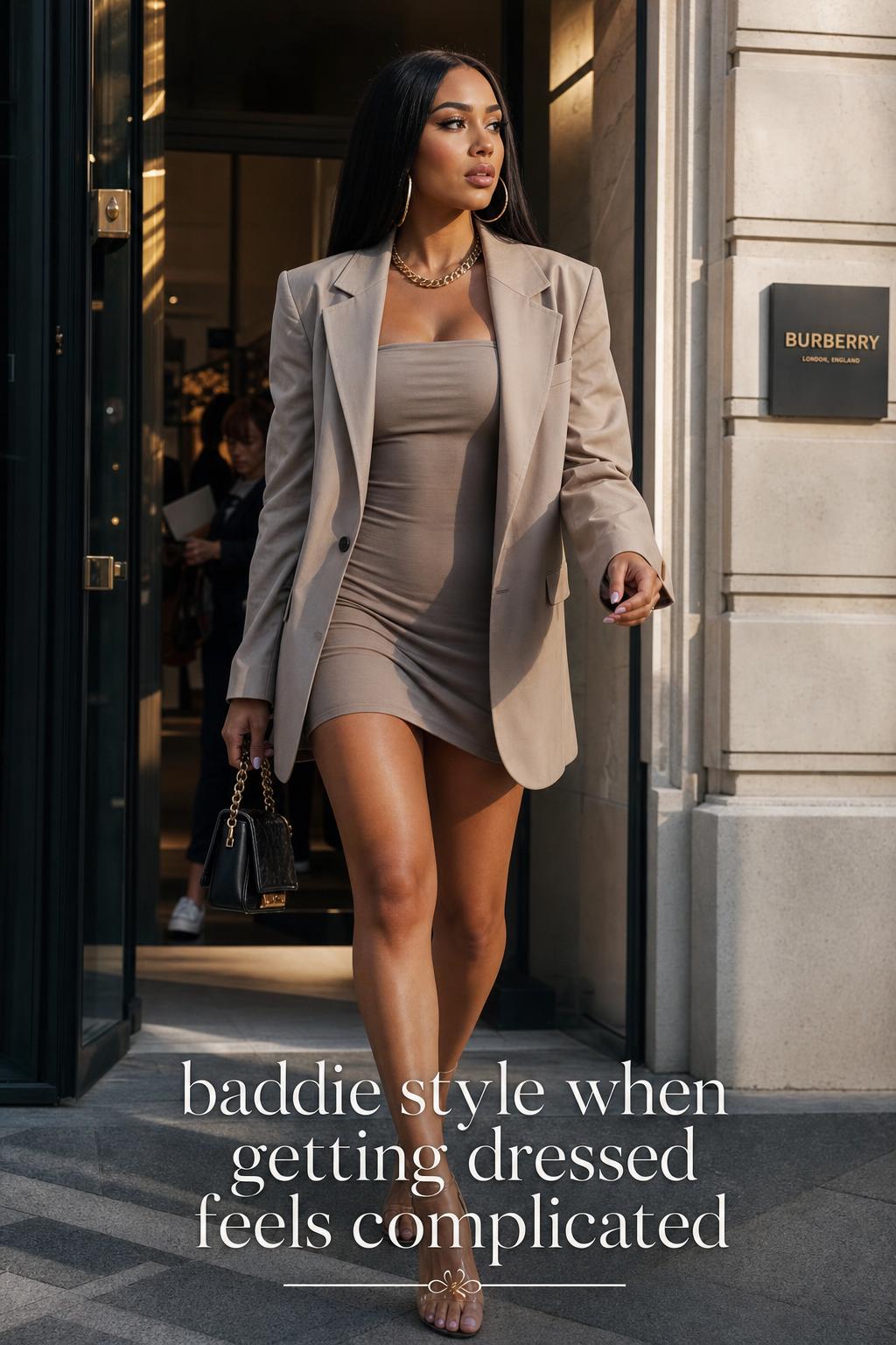 Baddie style outfit inspiration: confident woman in bodycon dress and blazer walking out of a city building at golden hour