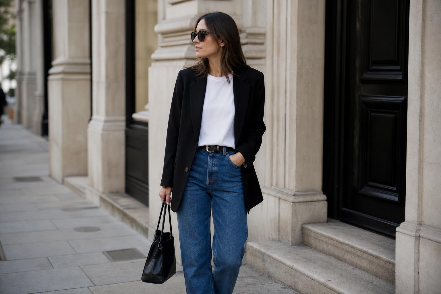 Basic outfits minimalist wardrobe with a beige trench, white tee, black trousers and loafers in a clean street style photo