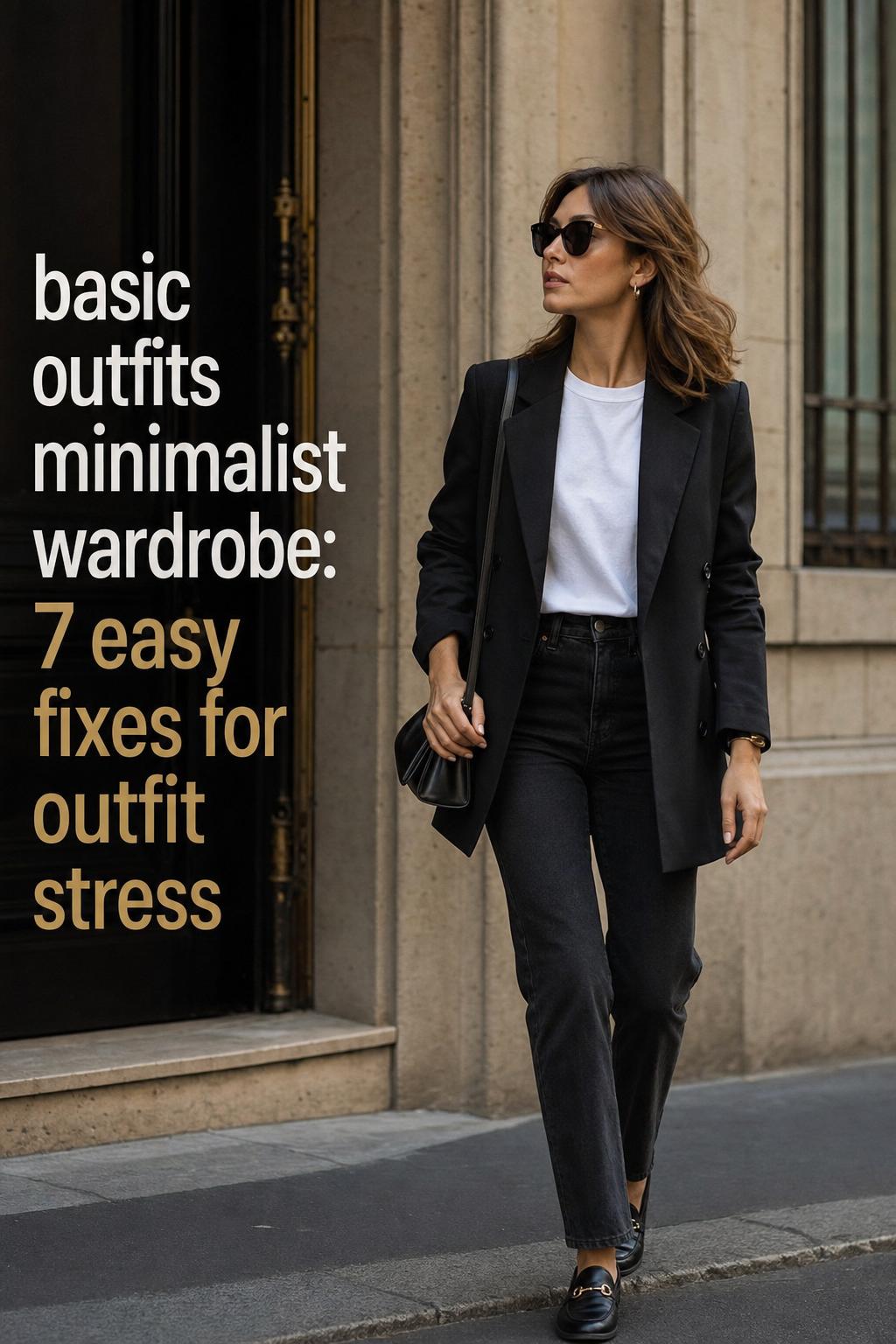 Woman in black blazer and white tee walking in the city, showcasing basic outfits minimalist wardrobe essentials