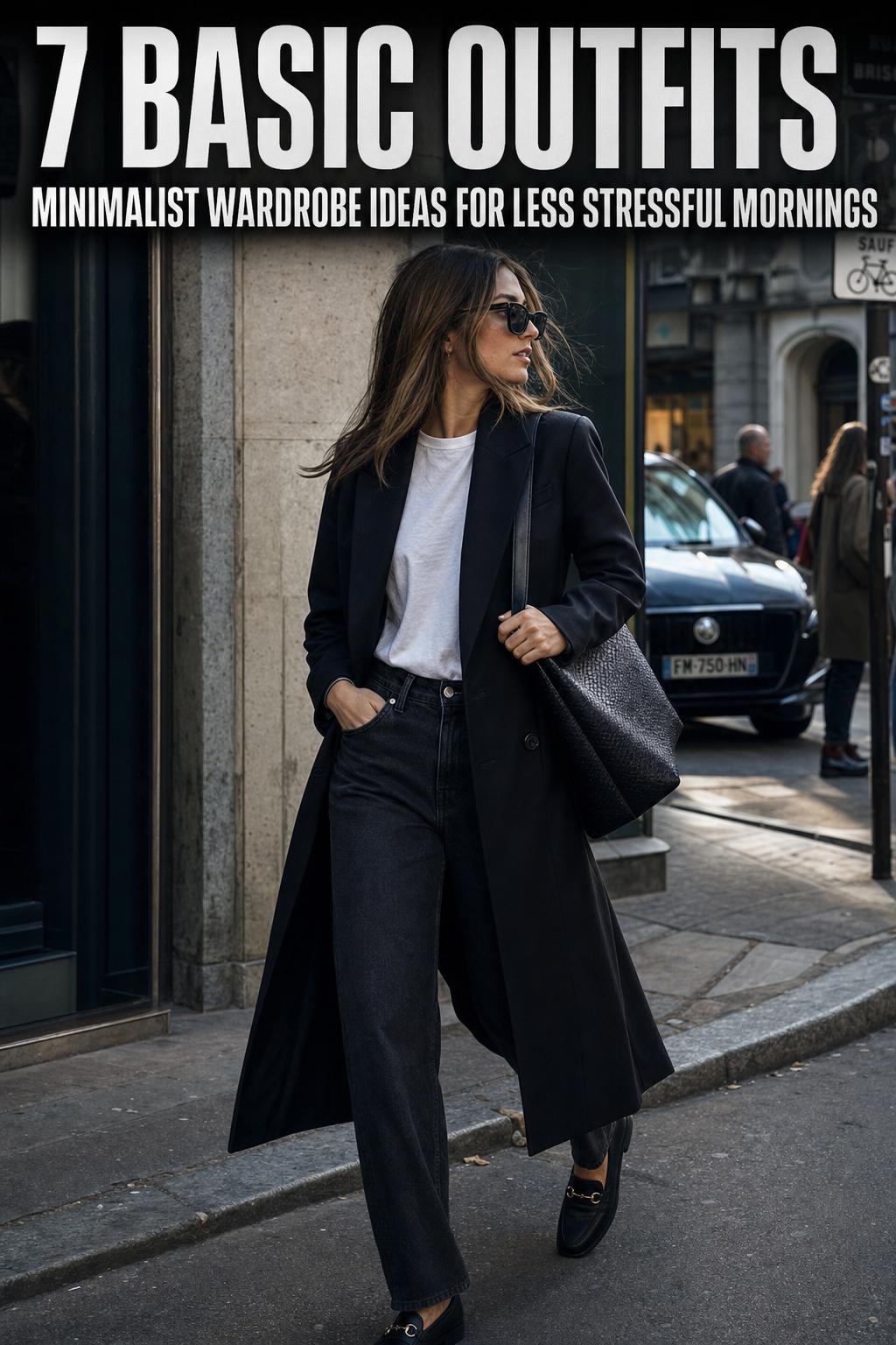 Basic outfits in a minimalist wardrobe with neutral essentials neatly arranged on a clothing rack