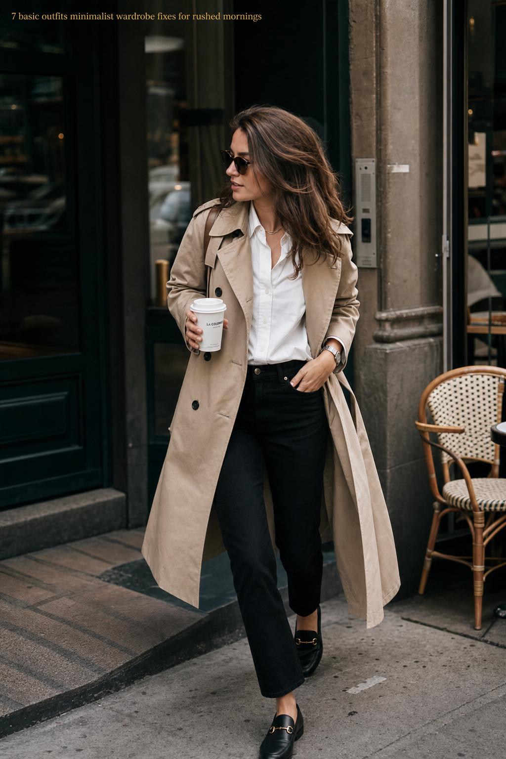 basic outfits minimalist wardrobe street style moment in neutral trench and black trousers on a European-inspired city corner