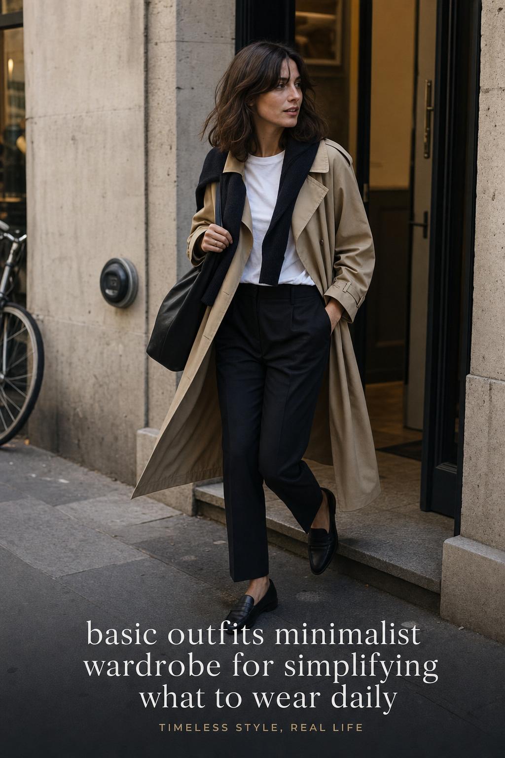 basic outfits minimalist wardrobe street style: woman in beige trench and black trousers walking out of a stone city building