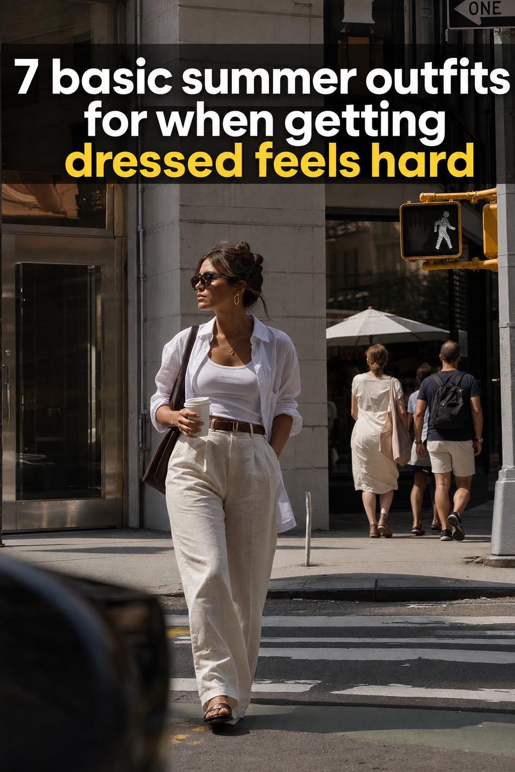 Basic summer outfits laid out on a bed with linen shirt, denim shorts, sandals, and sunglasses in natural light