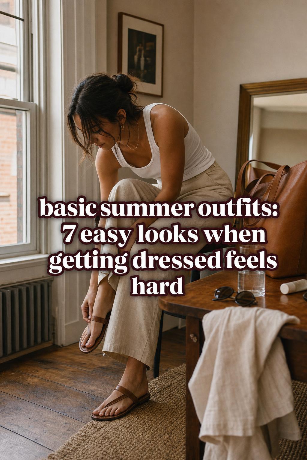 Basic summer outfits idea: woman in white tank and beige wide-leg trousers adjusting sandals by a sunny apartment window