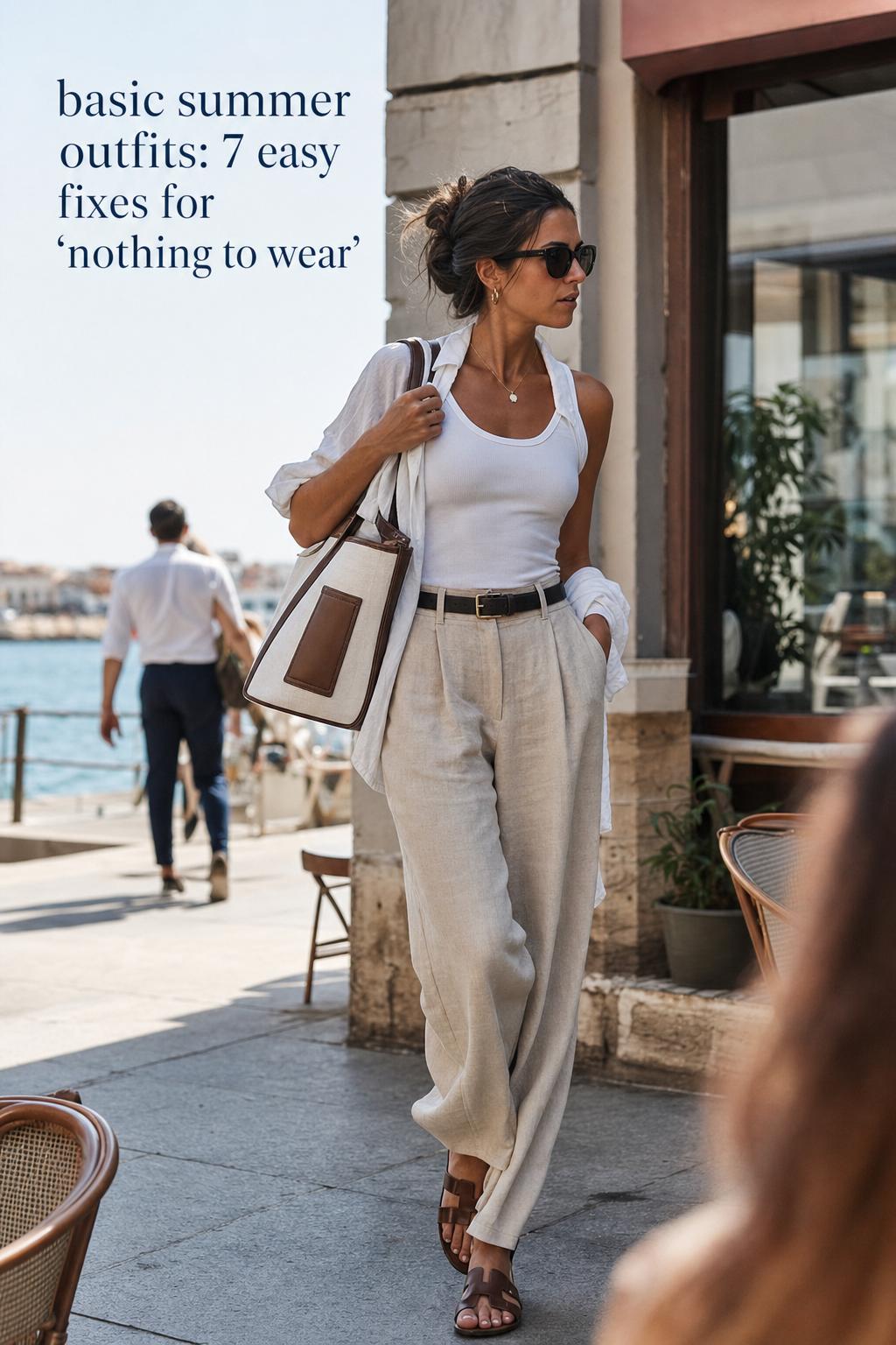 Basic summer outfits on a stylish woman in white tank and linen trousers walking outside a coastal cafe in sunlight