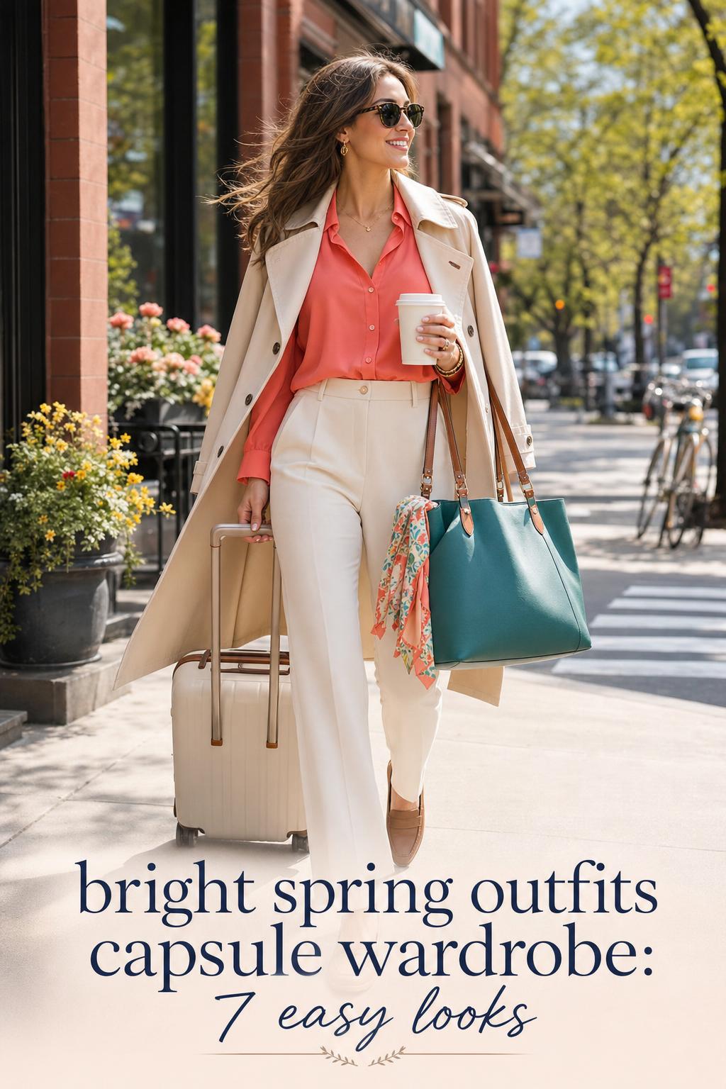Woman commuting in coral blouse and beige trench, bright spring outfits capsule wardrobe with tote and coffee on city sidewalk