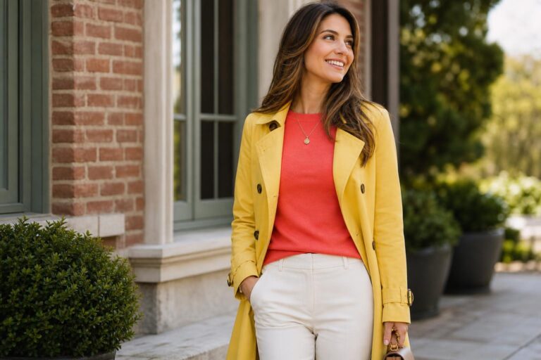 Bright spring outfits capsule wardrobe with coral blouse, teal scarf, white trousers, and nude heels in natural daylight