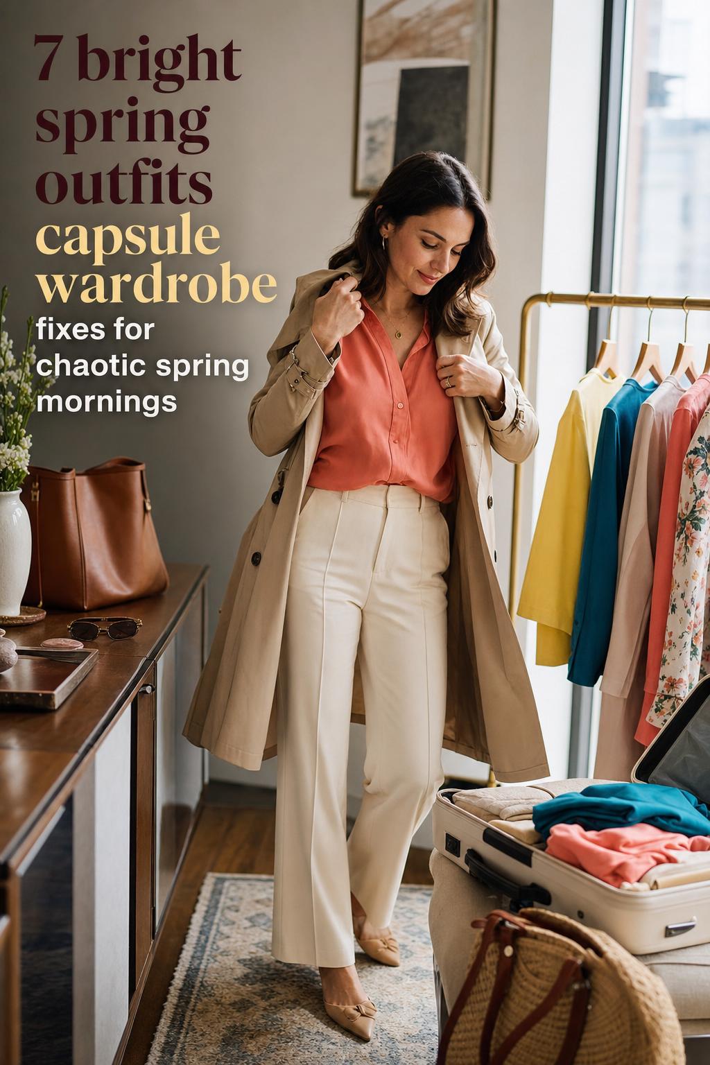 Woman styling a bright spring outfits capsule wardrobe by a window with trench, coral blouse, teal knit, and neutral trousers