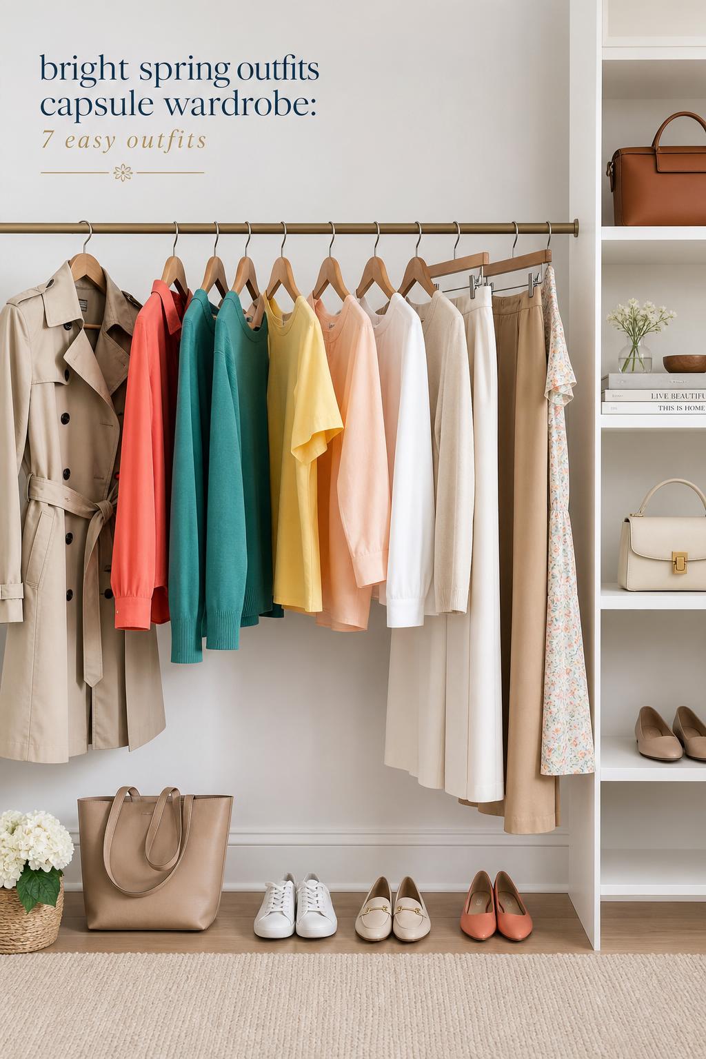 Bright spring outfits capsule wardrobe with coral, teal and yellow pieces on a minimalist rail with trench, bag and flats.