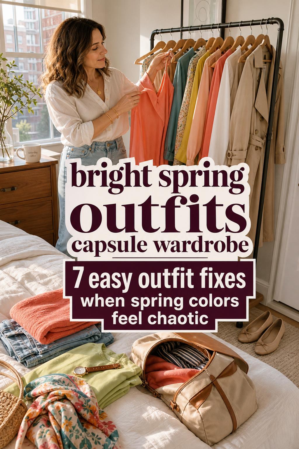 bright spring outfits capsule wardrobe with woman styling a compact rack in a sunny bedroom, trench coat and colorful basics