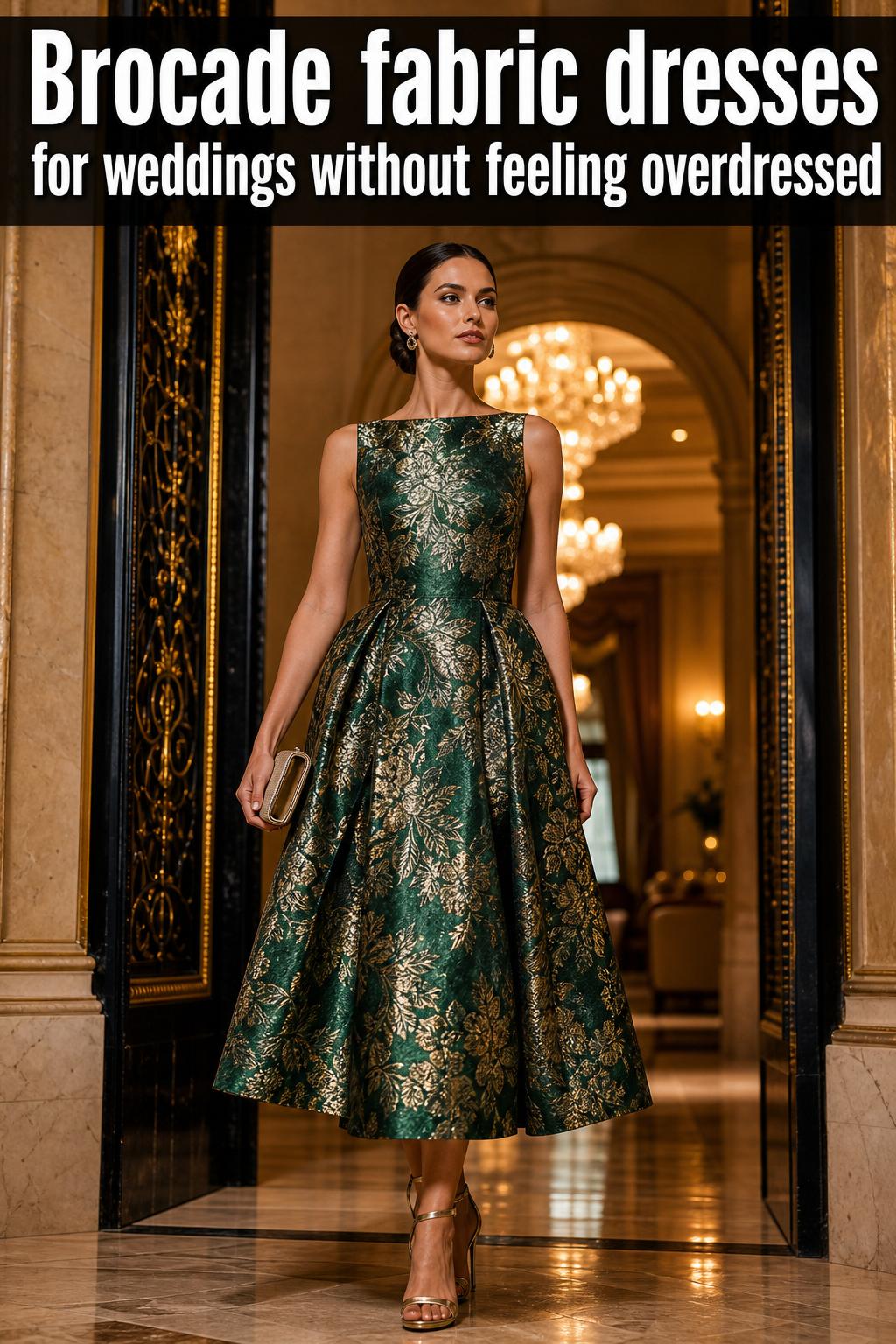 Brocade fabric dresses on a boutique rack with intricate woven patterns in soft, natural light