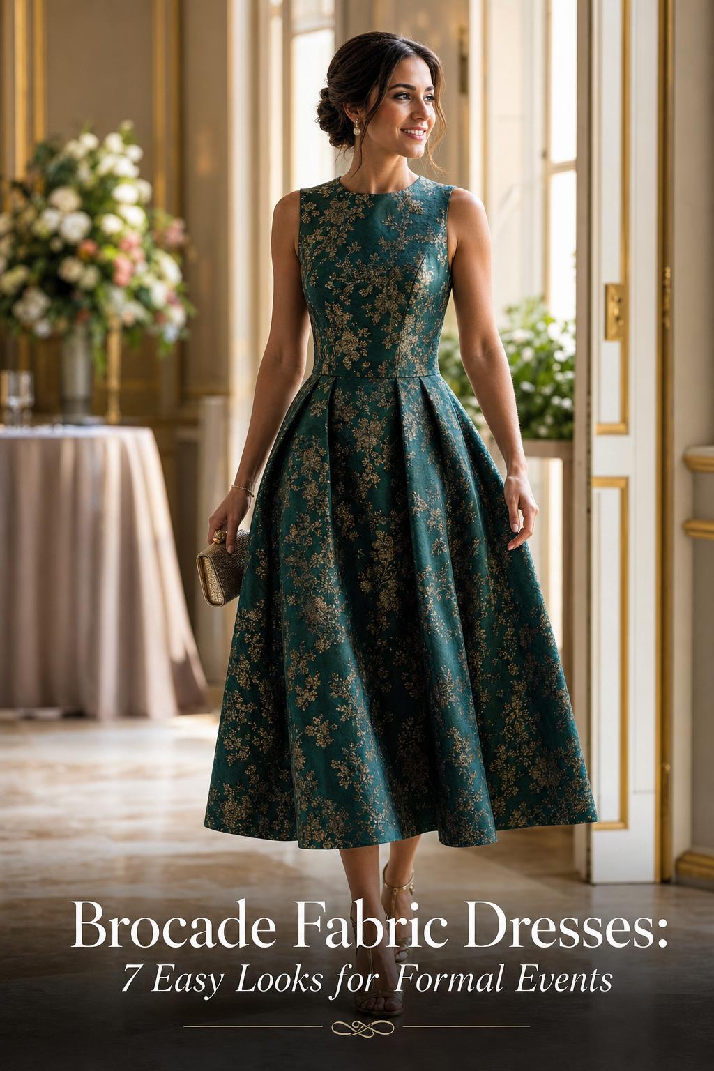 Woman in jewel-tone brocade fabric dresses walking in a sunlit formal hall with elegant text overlay for event styling.