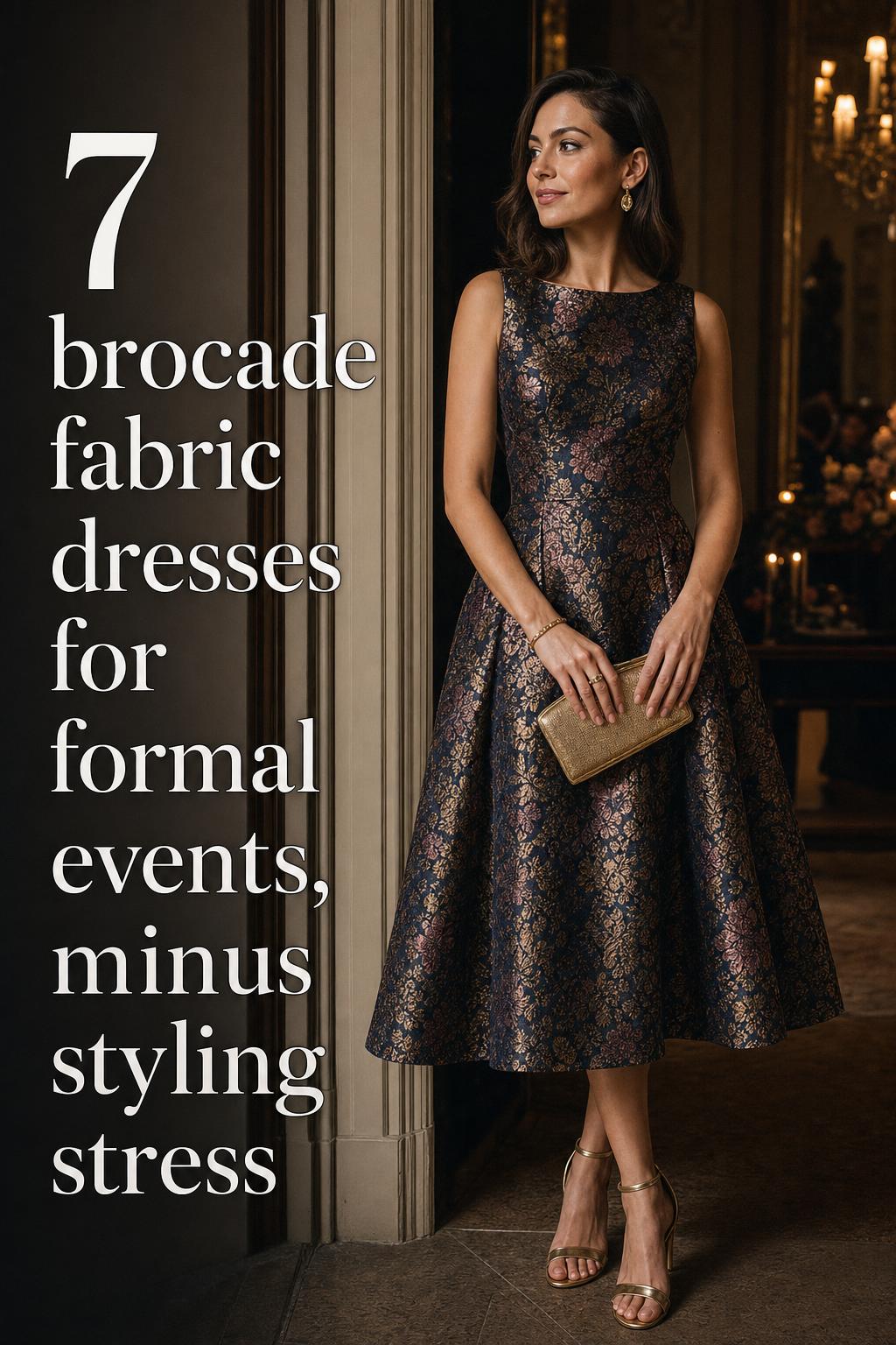Elegant woman in jewel-toned brocade fabric dresses with cinematic window light in a luxurious formal interior
