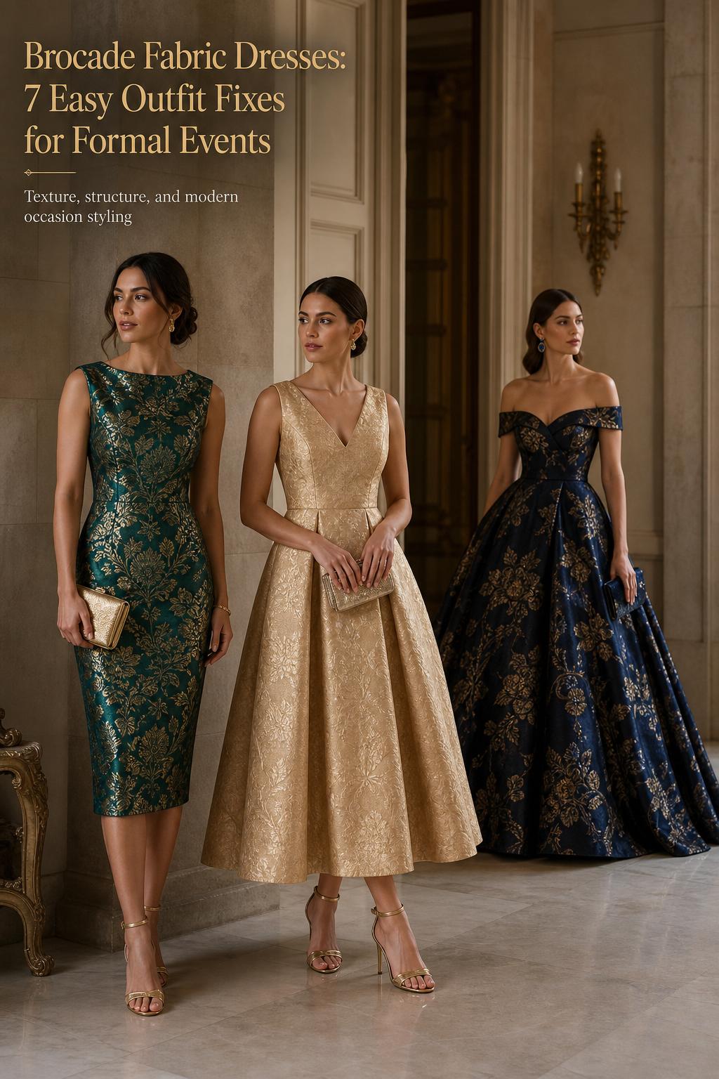 Brocade fabric dresses in a minimalist luxury editorial setting, featuring textured jacquard gowns styled for formal events