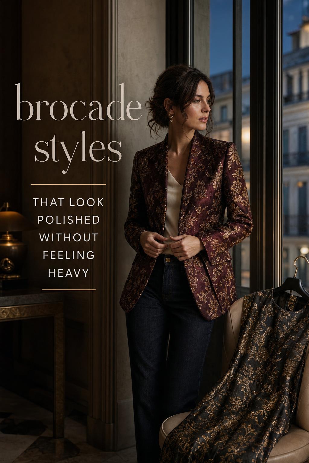 Brocade styles editorial photo of woman in jewel-toned brocade jacket by window at blue hour with denim and gold earrings