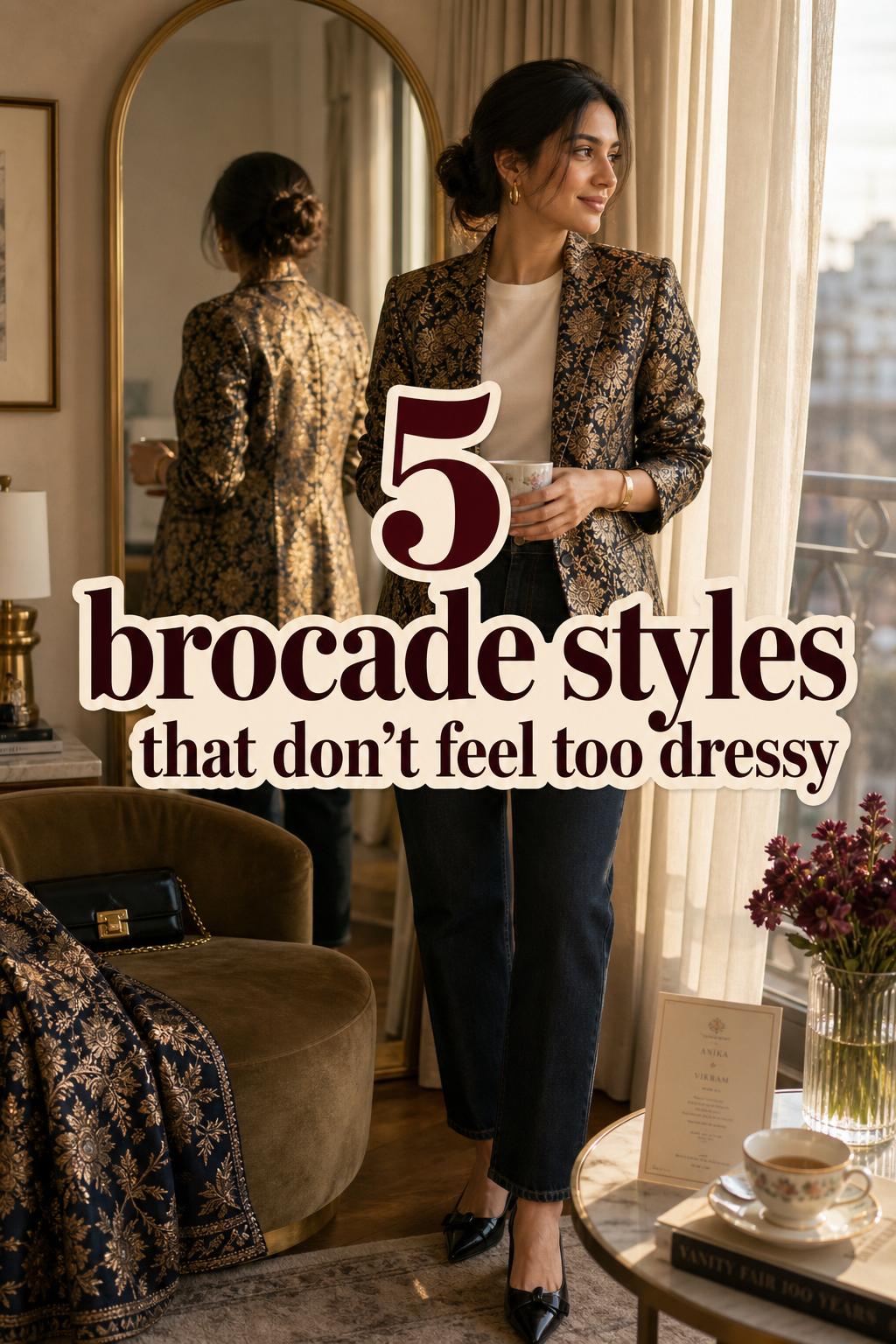 Woman in modern jacket in golden-hour apartment with text overlay about brocade styles that don’t feel too dressy