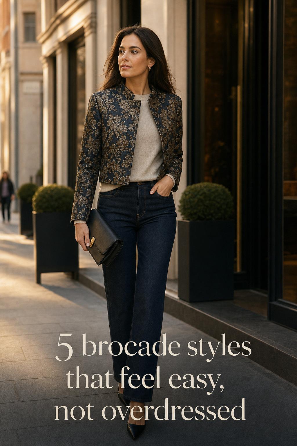 Brocade styles street style: woman in cropped brocade jacket walking at golden hour on an upscale city street