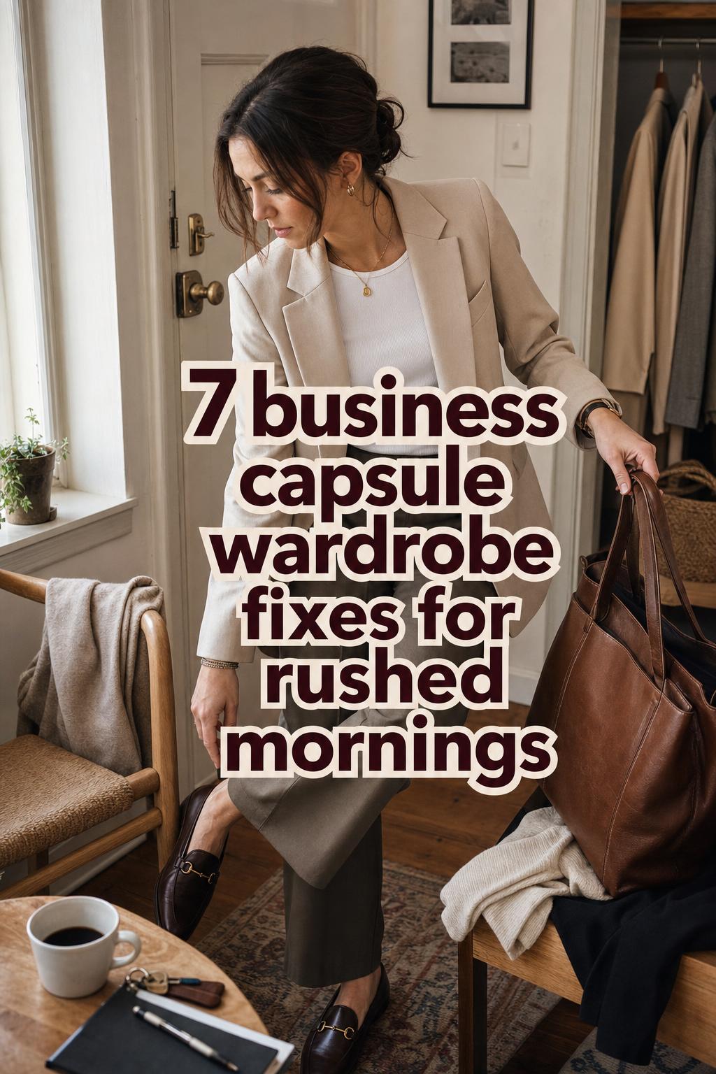 Business capsule wardrobe morning routine with woman in neutral blazer and trousers slipping on loafers in a lived-in apartment