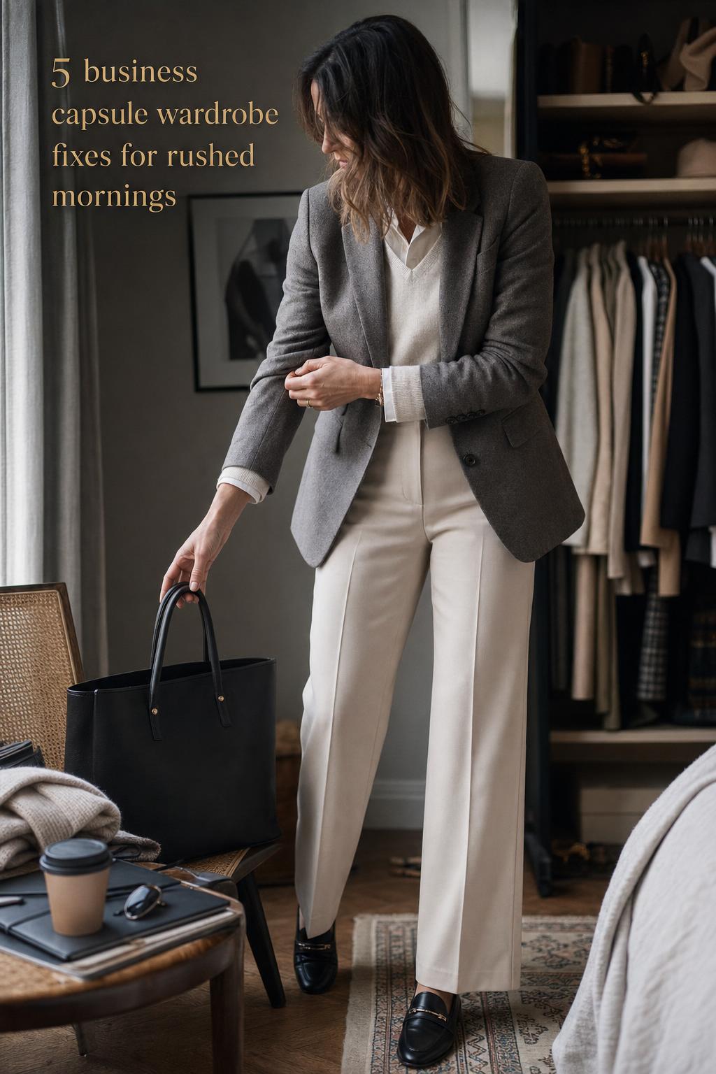 Modern professional woman adjusting blazer by window with tote in lived-in apartment, showcasing a business capsule wardrobe