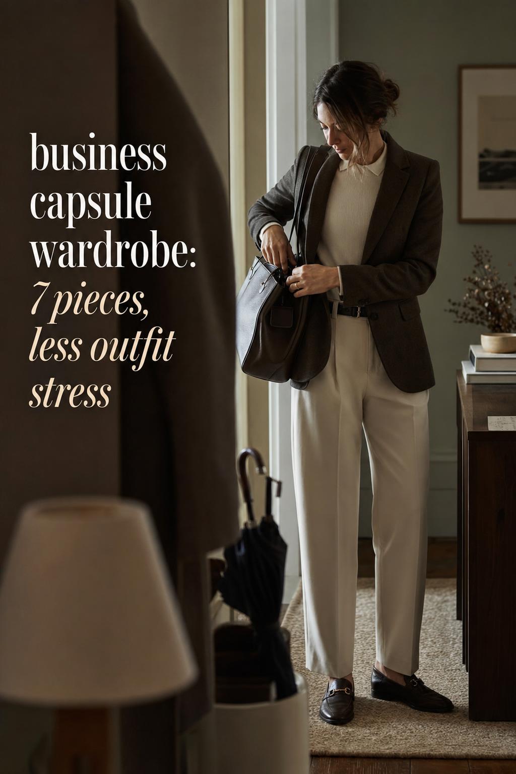 Business capsule wardrobe moment: professional woman adjusts structured bag in a moody city apartment hallway at dusk
