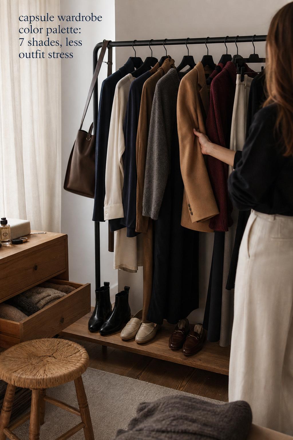 Capsule wardrobe color palette on matte black rail in a calm closet, neutral garments, shoes, and handbag in soft window light.