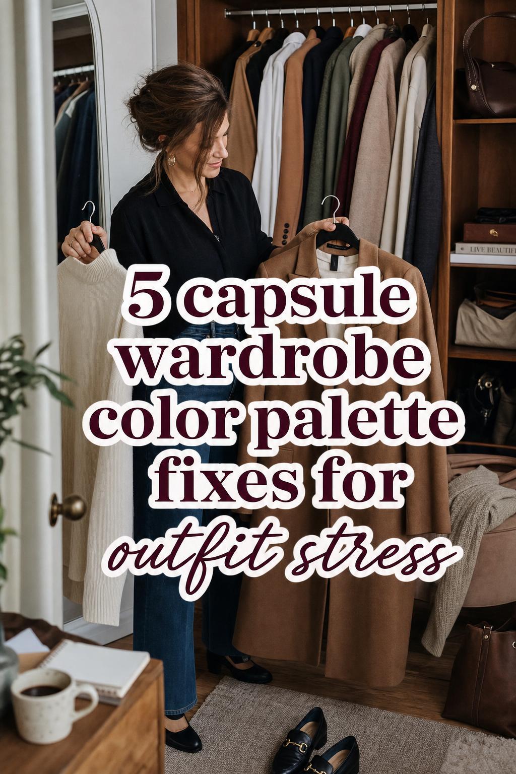Capsule wardrobe color palette styling moment in a cozy closet with neutral garments and an adult choosing outfits
