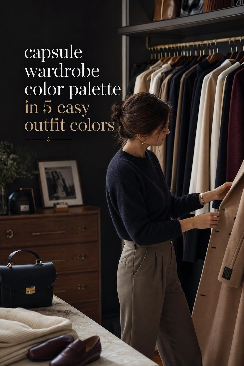 Capsule wardrobe color palette in a luxe bedroom closet with neutral coats, blazers, knitwear, bag and shoes in soft window light