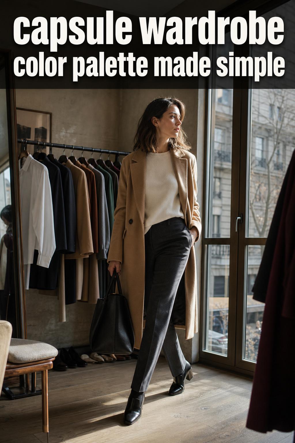Capsule wardrobe color palette with neutral clothing arranged on a rack and folded on a wooden shelf
