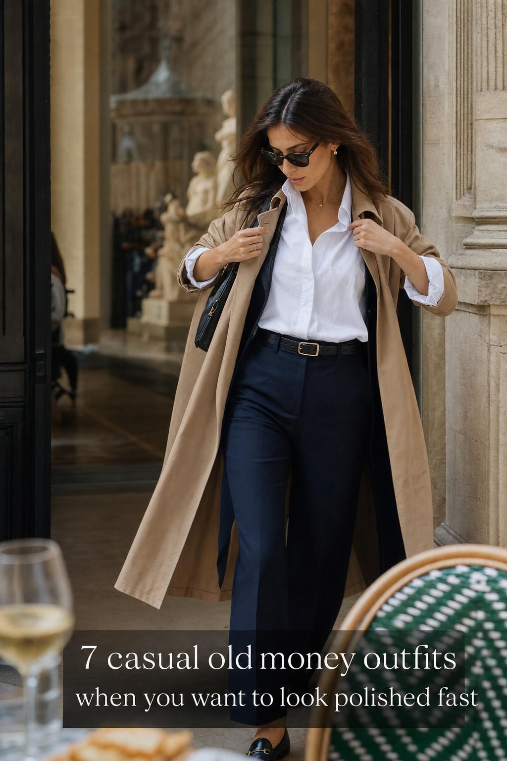 Casual old money outfits on a stylish woman in a camel trench and navy trousers on a sunlit European terrace