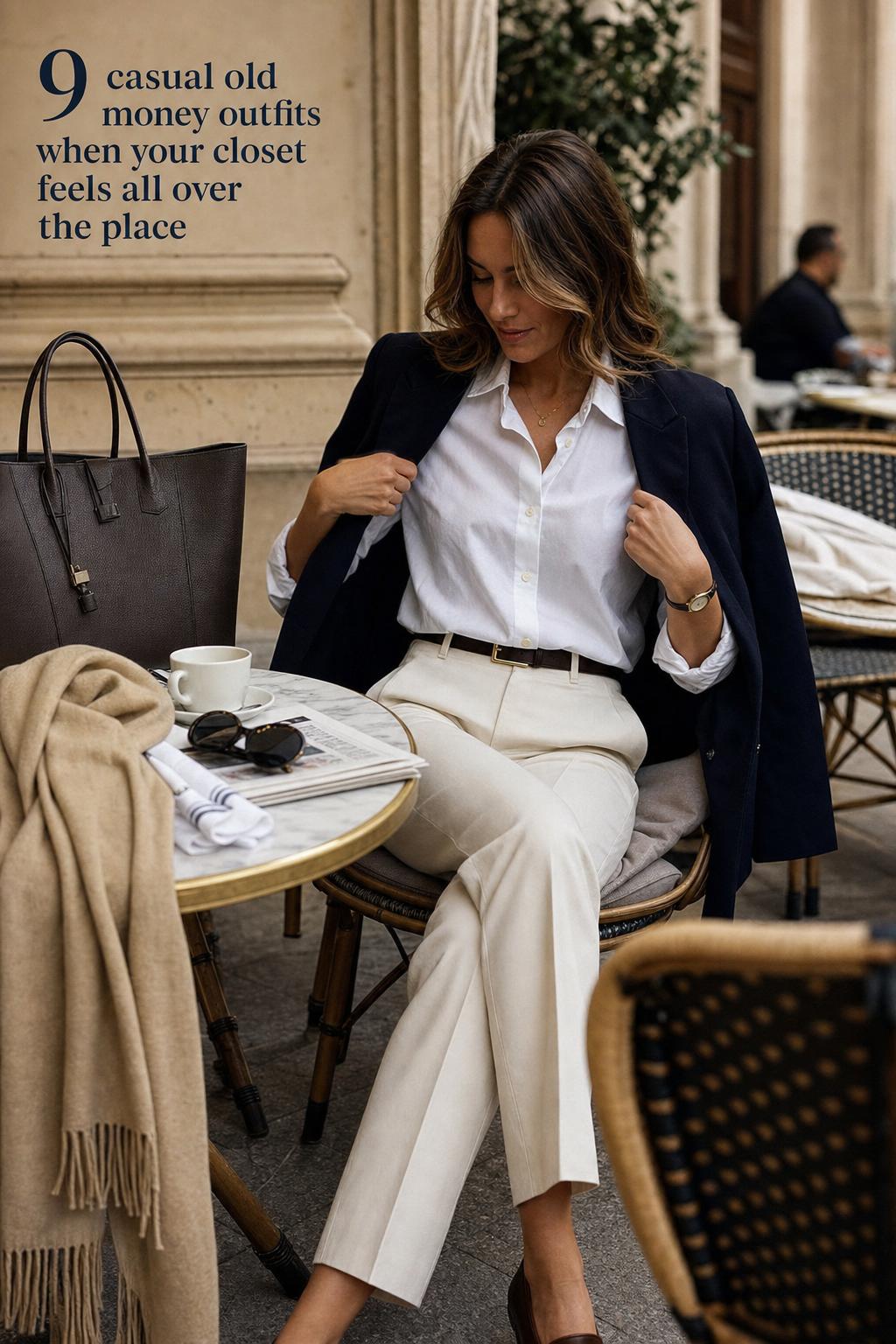 Casual old money outfits: woman adjusting navy blazer at a European brunch terrace café with tote, coffee and loafers