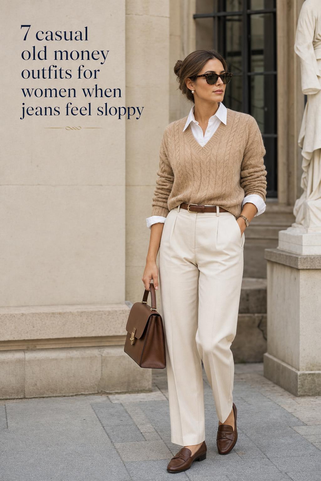 Casual old money outfits for women editorial photo of a woman in camel knit and white shirt with tailored trousers by stone building