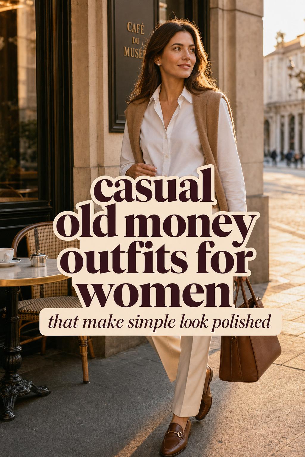 Casual old money outfits for women with a polished woman leaving a museum café at golden hour in neutral layers