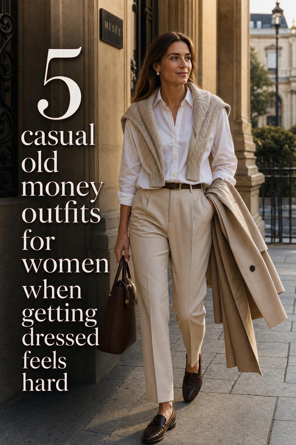 Casual old money outfits for women: woman in museum courtyard wearing white shirt, oatmeal sweater, beige trousers and loafers