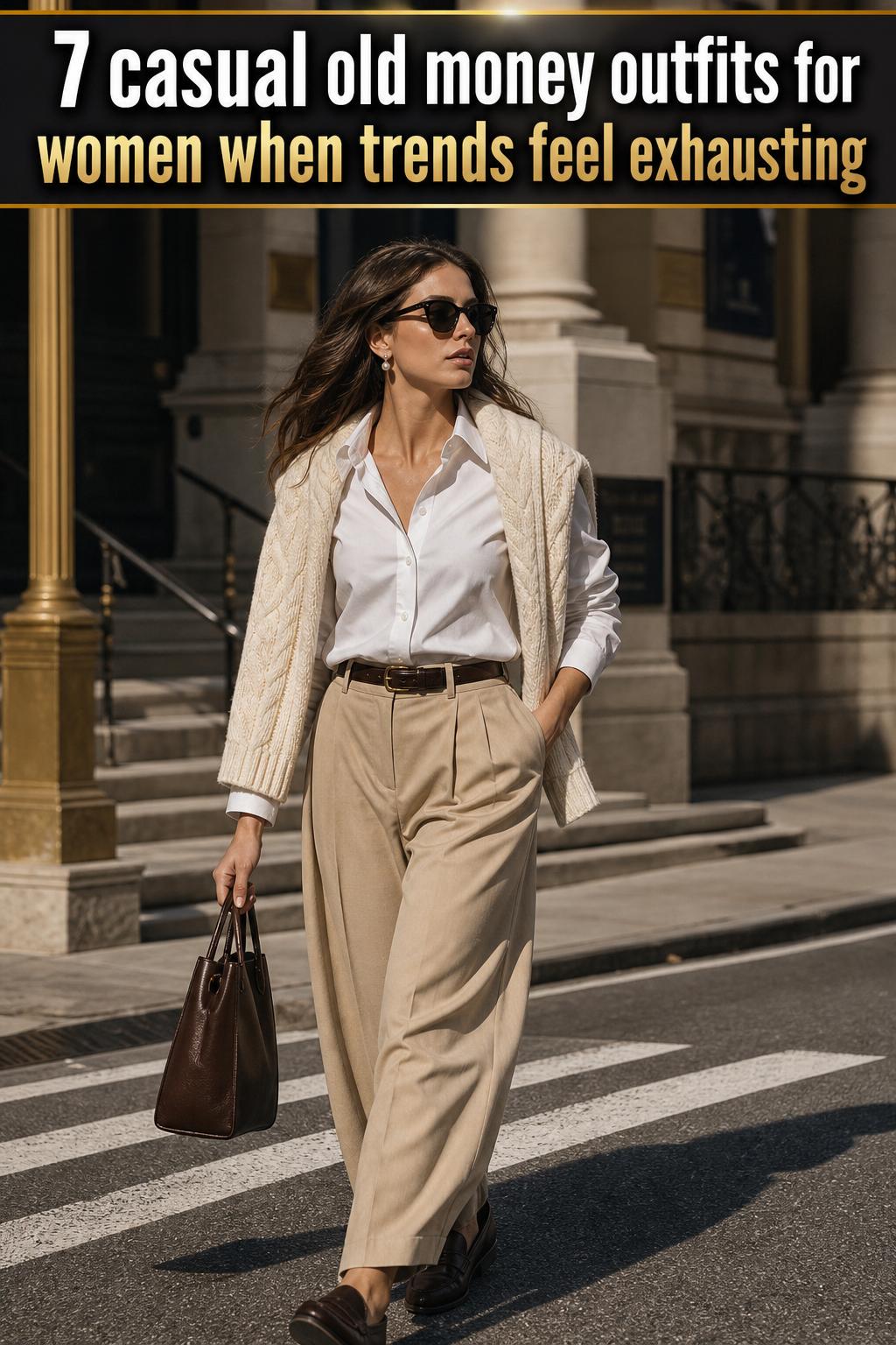 Woman wearing a tailored blazer and trousers, casual old money outfits for women in a timeless neutral palette