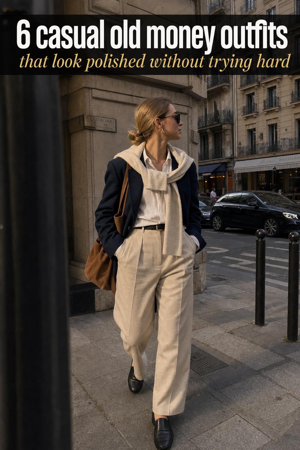Casual old money outfits on a well-dressed couple strolling through a historic city street in natural light