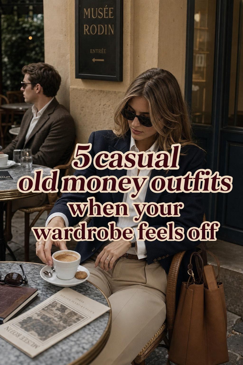 Casual old money outfits on a museum café terrace, woman in navy blazer and beige trousers reaching for coffee in warm light