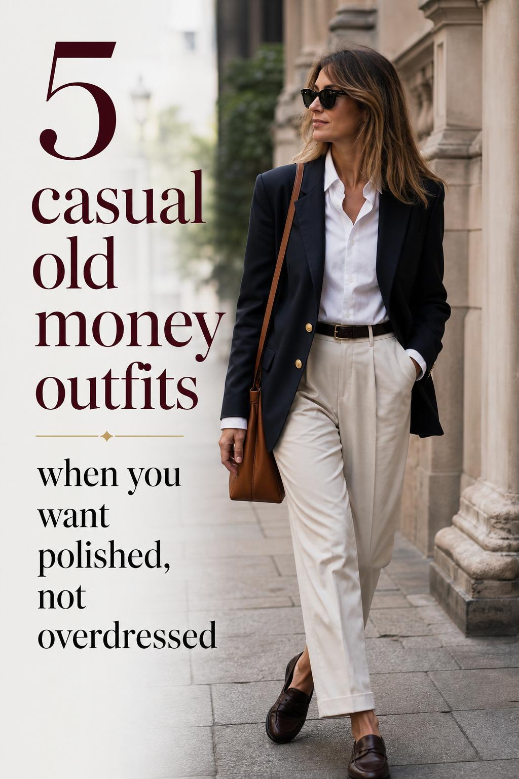 Casual old money outfits styled with navy blazer and cream trousers on a European street, with elegant side text overlay