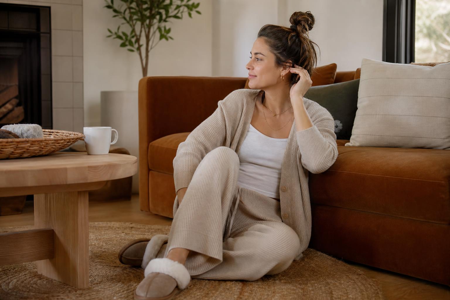 Chic home style outfit with knit cardigan and relaxed joggers for a polished, comfortable day at home