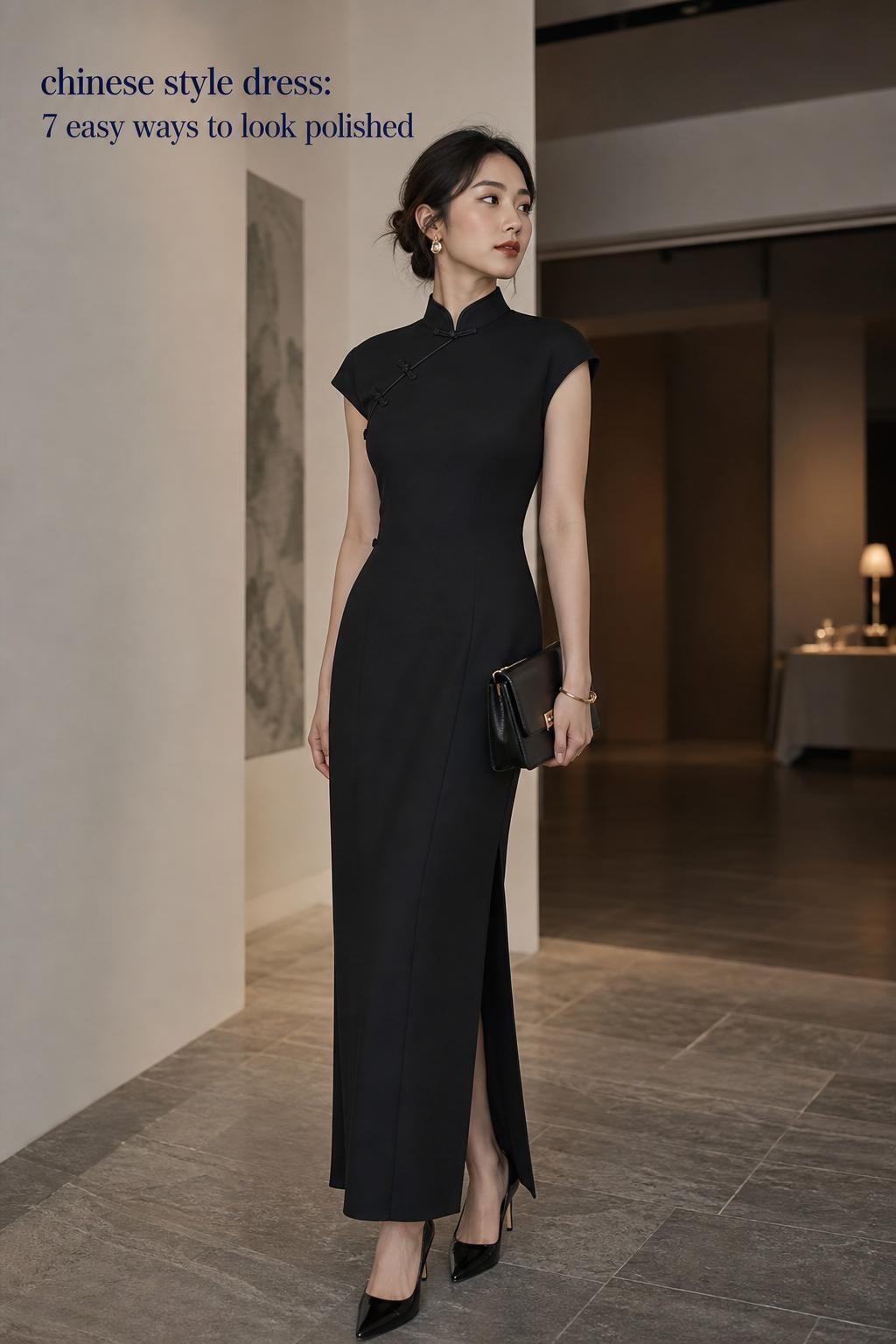Modern woman in a chinese style dress in a minimalist gallery corridor, refined editorial fashion portrait with text overlay