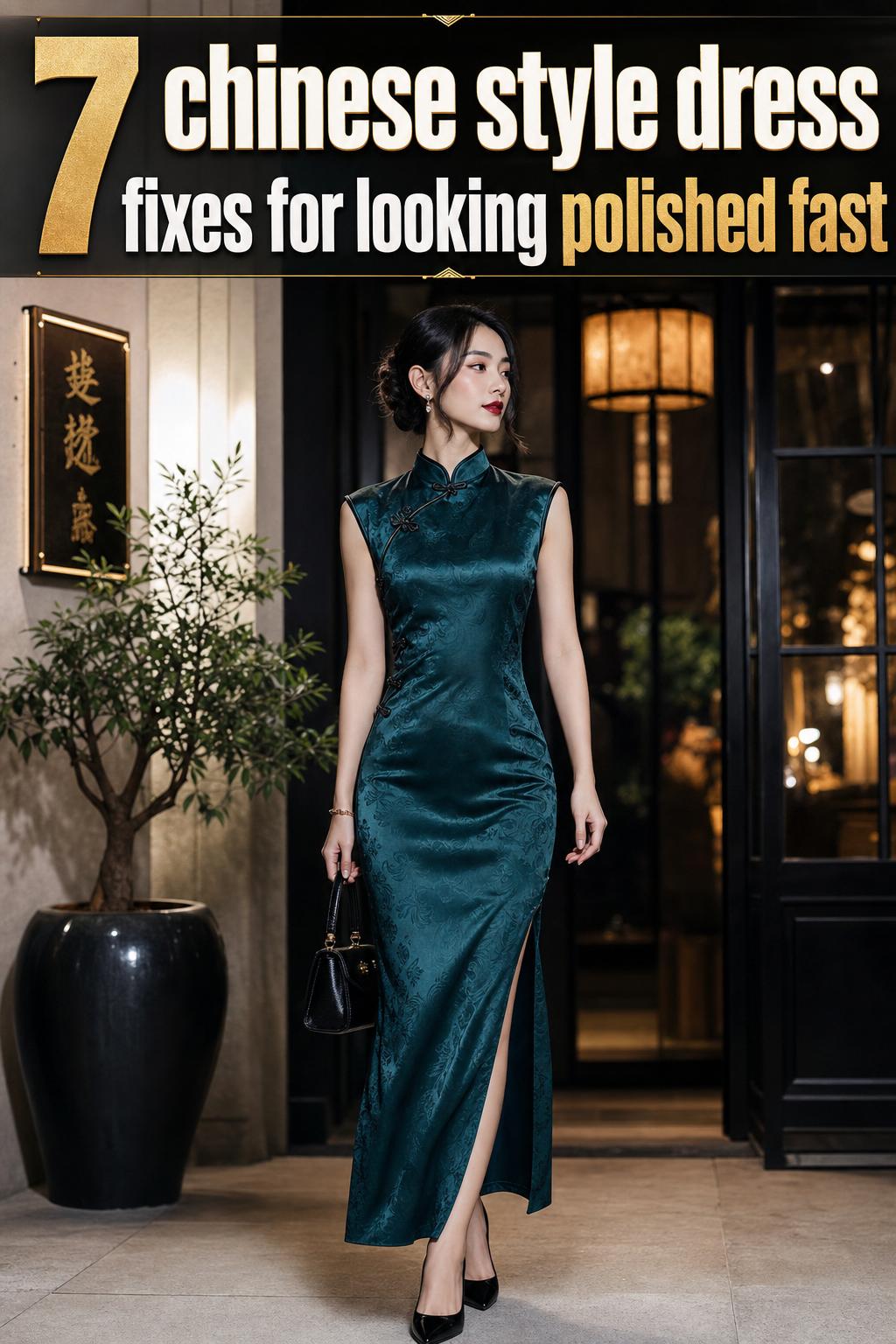 Woman wearing a chinese style dress in a traditional courtyard, captured in natural light