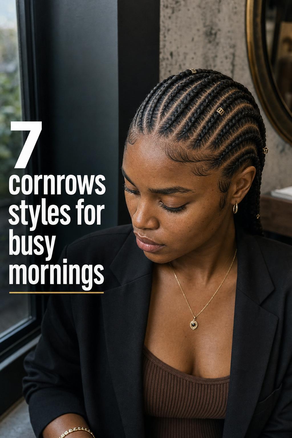 Black model with intricate cornrows styles, clean center part, baby hairs, and subtle braid cuffs in moody window light