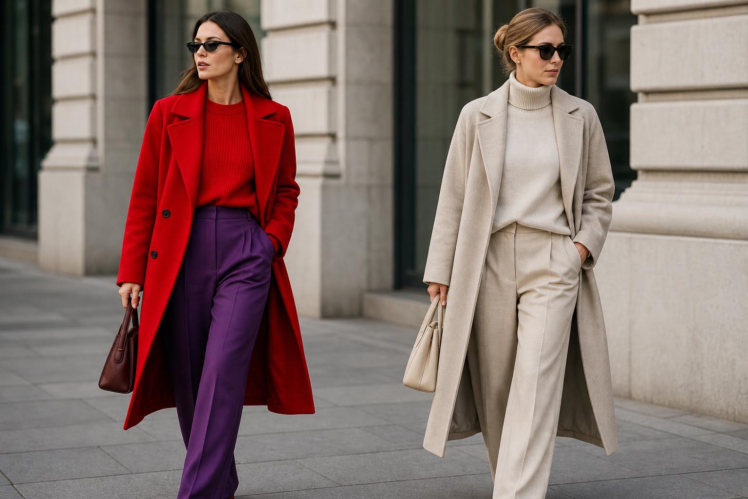 City street style outfit showing color trends fashion with bold statement coat and tonal neutral layers side by side