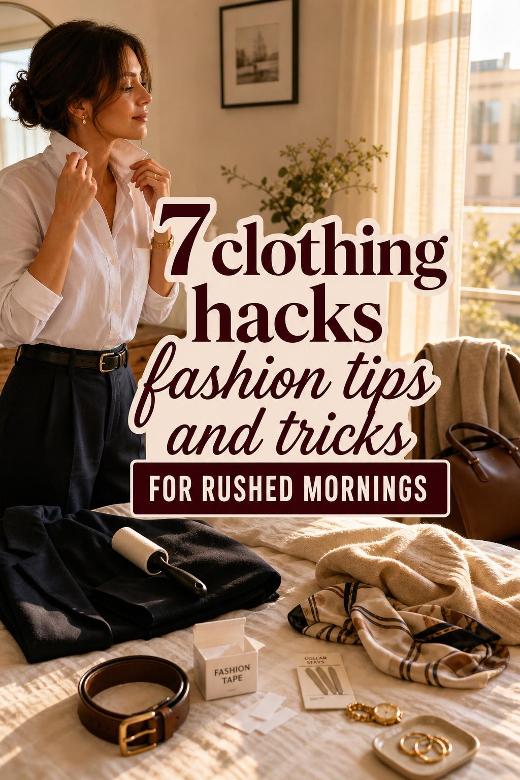 Woman using lint roller and adjusting collar in sunlit bedroom, clothing hacks fashion tips and tricks overlay