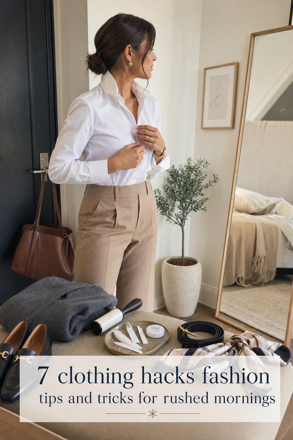 Woman adjusting white shirt in bright entryway with styling tools, clothing hacks fashion tips and tricks for mornings